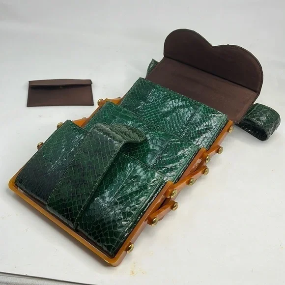 Emerald Green Snakeskin and Caramel Bakelite Geometric Tiered Handbag - Picture 8 of 16